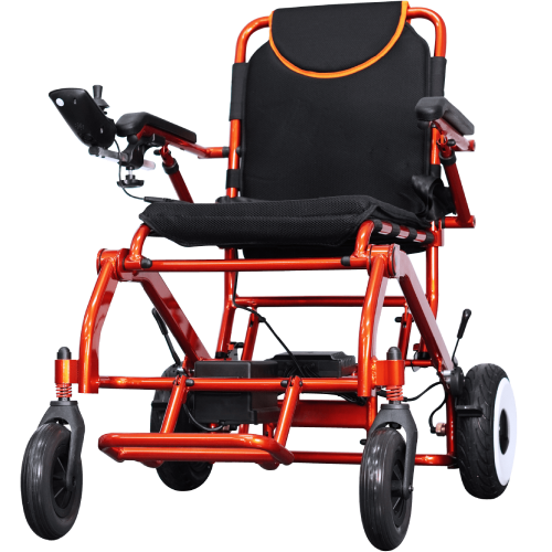 An orange and black wheel chair on a black background.