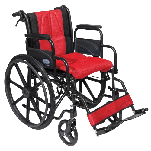 A red and black wheelchair on a black background.