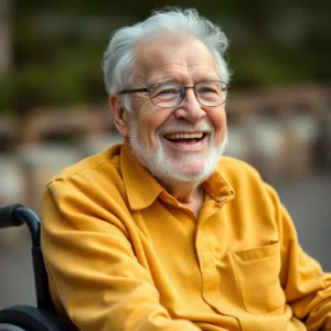 Elderly man with glasses and a yellow shirt smiles while seated outdoors.