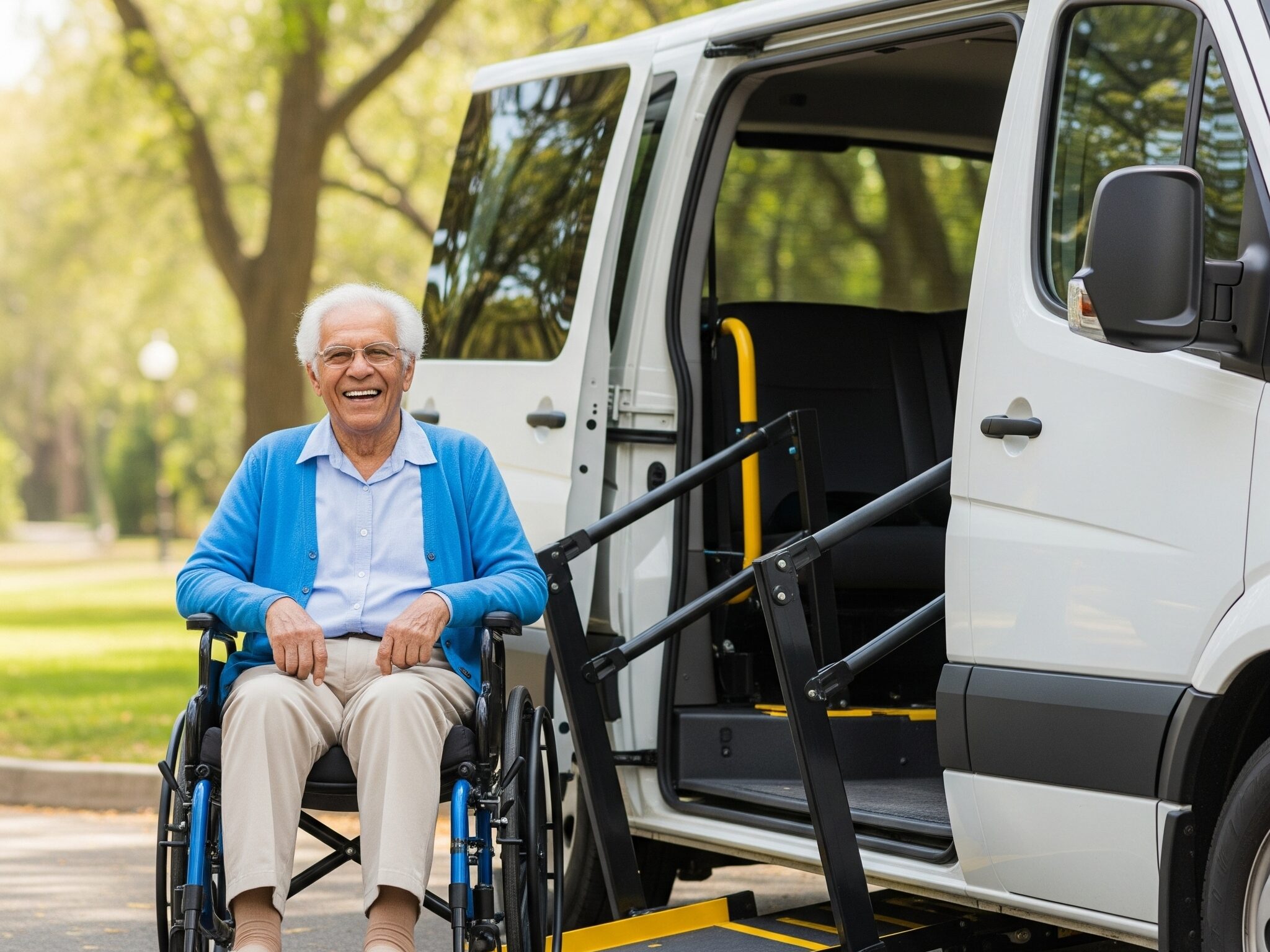 An elderly man in a wheelchair is using a wheelchair lift to exit a white accessible van in a park-like setting.