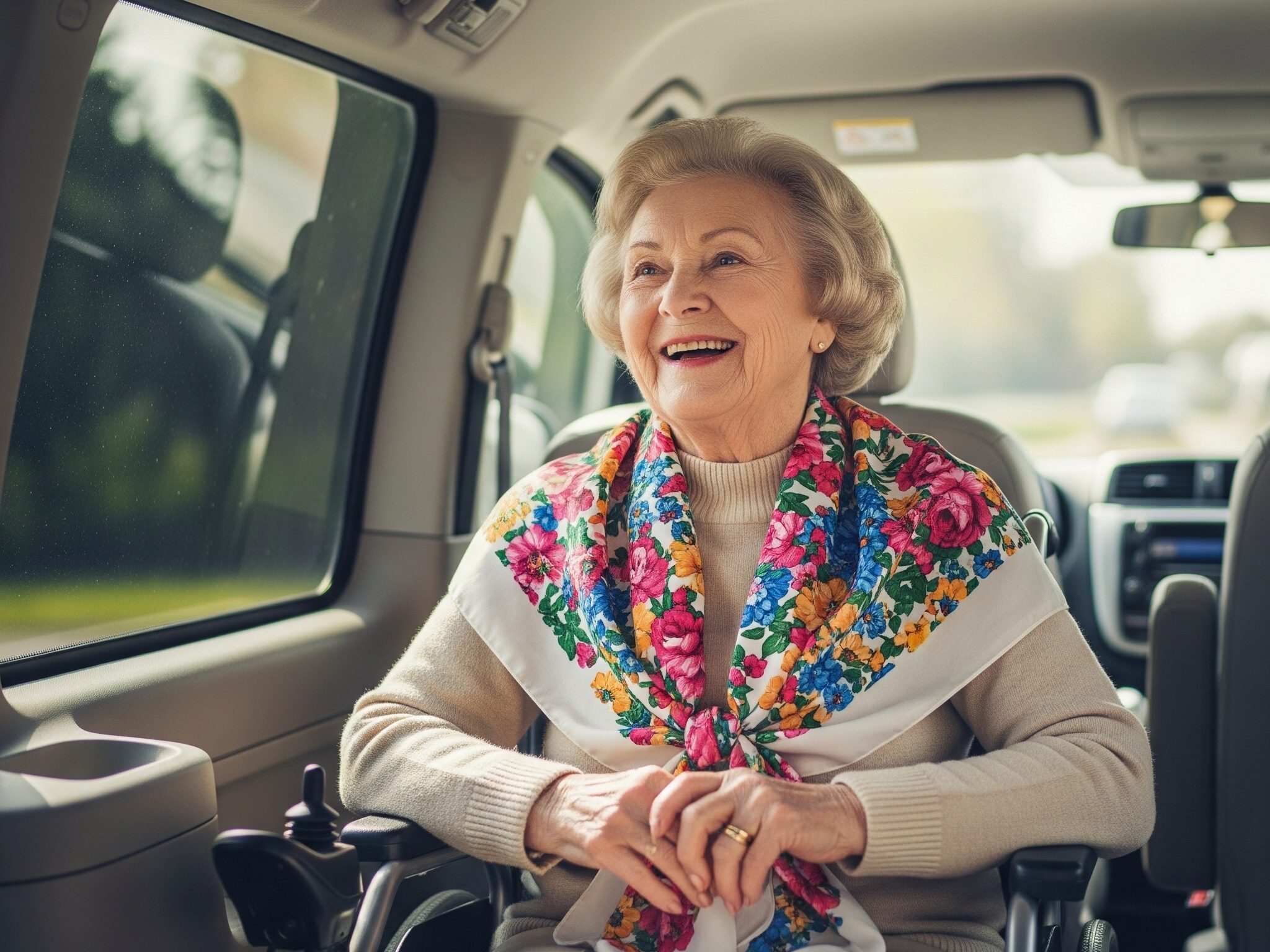 A woman in a wheelchair smiling.