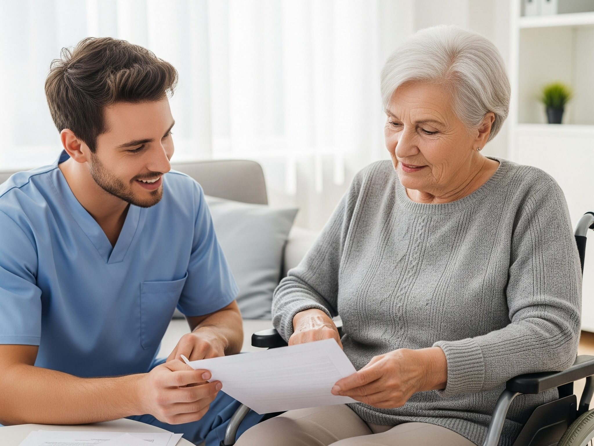 A healthcare worker and an older woman in a wheelchair review documents and charts together at a table in a bright room.